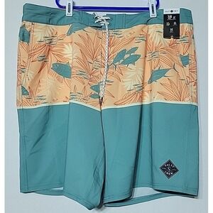 SALTY CREW Mens Aqua Orange Palm Fish Tandem Boardshorts Swim Suit 38 Shorts NWT